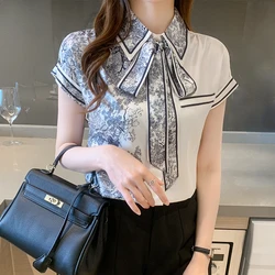 Satin Short Sleeve Blouse Summer Lapel Fit New Casual Bow Tie High-end Temperament Korea Fashion Women Shirt