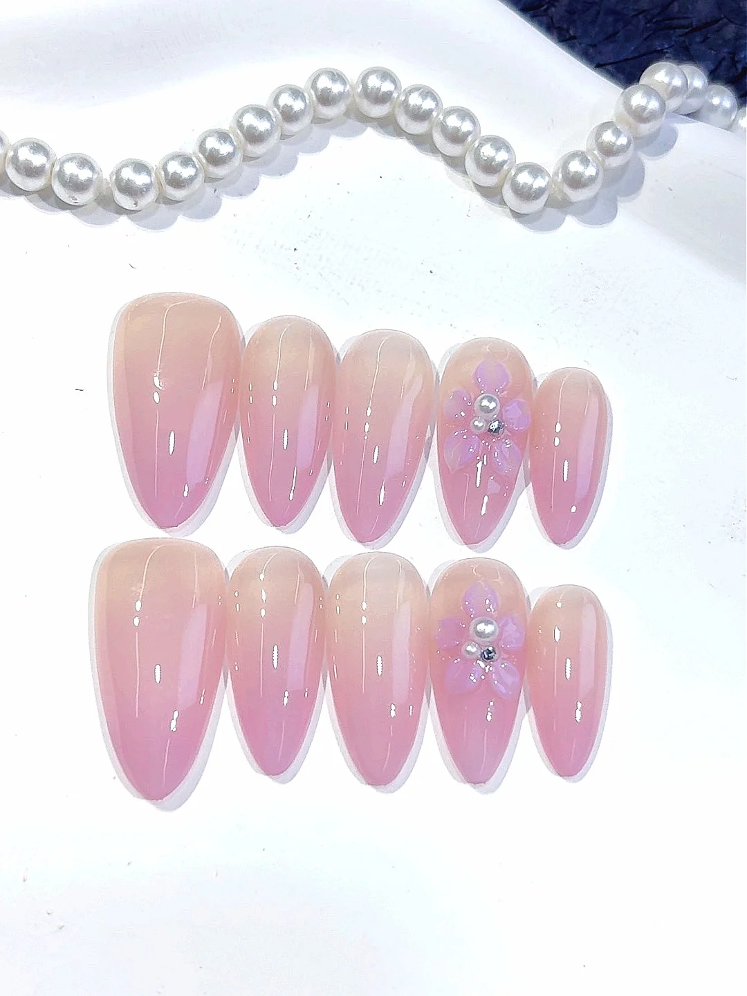 الوردي أومبير 3D زهرة اللؤلؤ حجر الراين اللوز الصحافة على الأظافر، مجموعة الأظافر كاذبة اليدوية للنساء (C444)