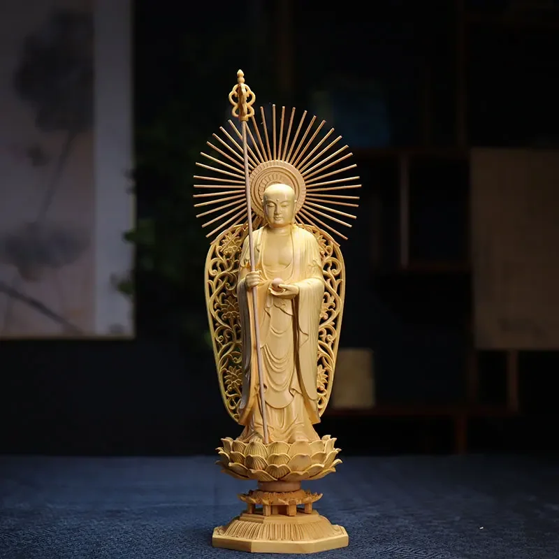 28cm Boxwood Three Buddha Sculpture Shakyamuni Wood Carving Guanyin Statue Home Decor