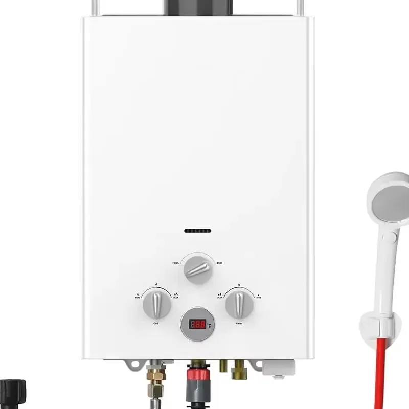 Portable tankless water heater for outdoor instant hot water, with LED digital display screen, suitable for camping showers