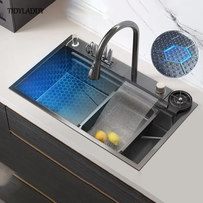 Waterfall Sink Basin Large Single Slot Digital Display 304 Stainless Steel Sink with Waterfall Faucet for Kitchen Renovation