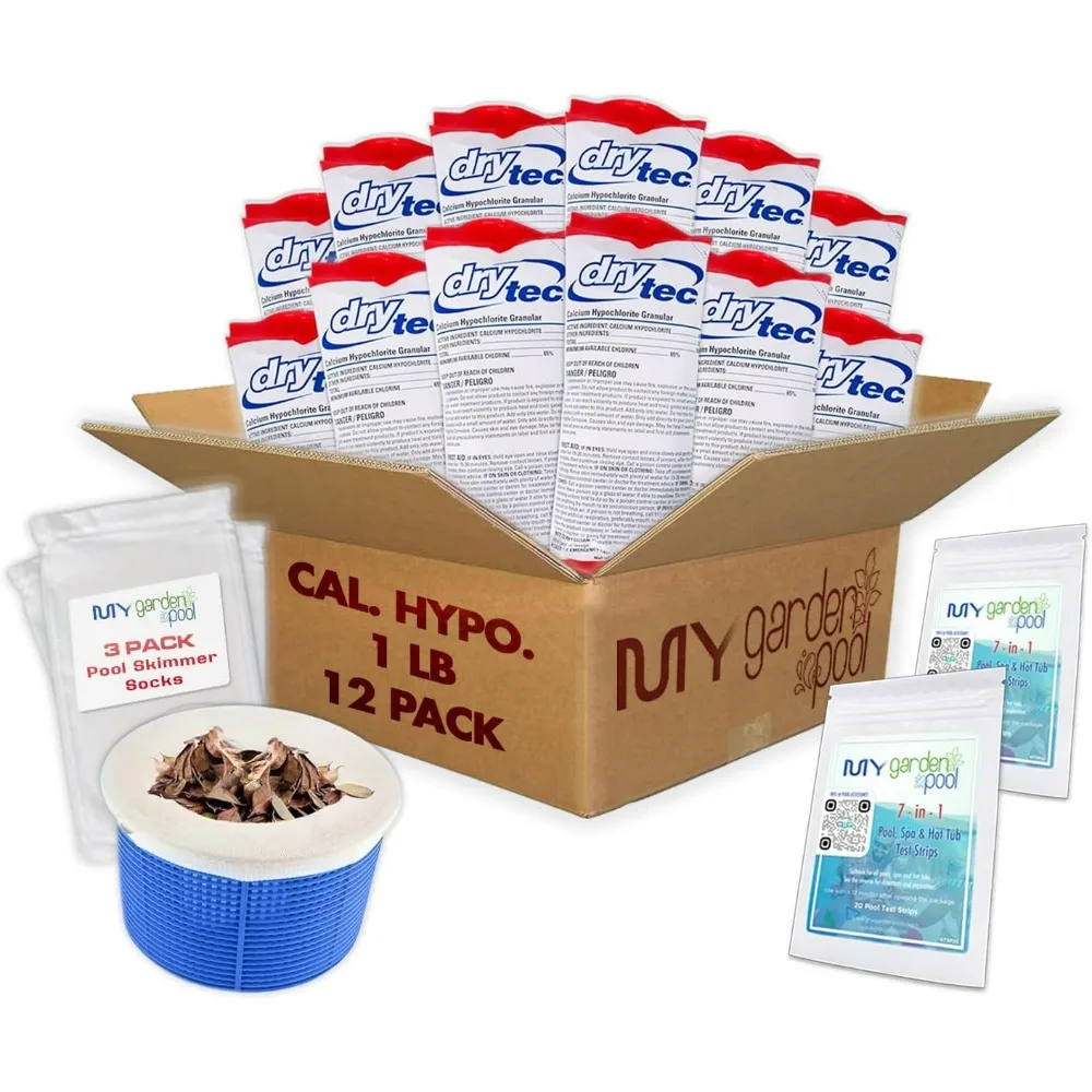 Drytec Calcium Hypochlorite Pool Shock 1lb 68% 12-Pack Pool Care Kit with Pool Skimmer Sock & 7-in-1 60ct Test Strips Powerful