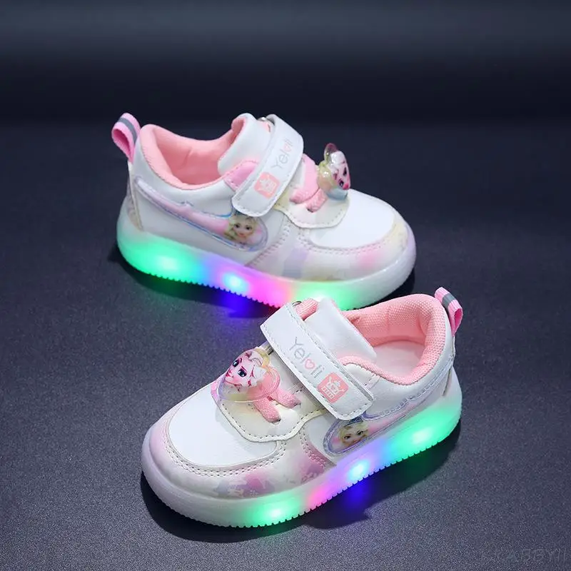 Zapatos informales para bebé y niña, zapatillas luminosas Led, deportivas transpirables con dibujos animados de Frozen