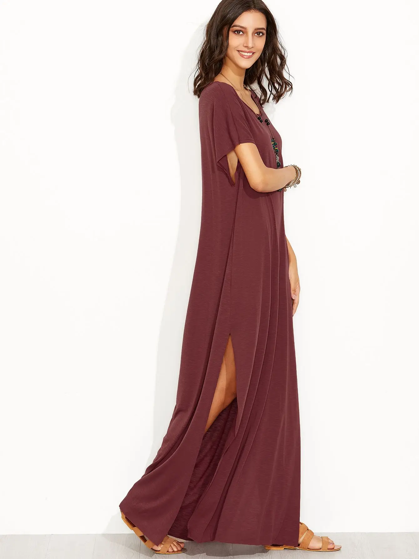 Women's short sleeved extra long dress round neck casual loose slit long summer beach shirt with vestido