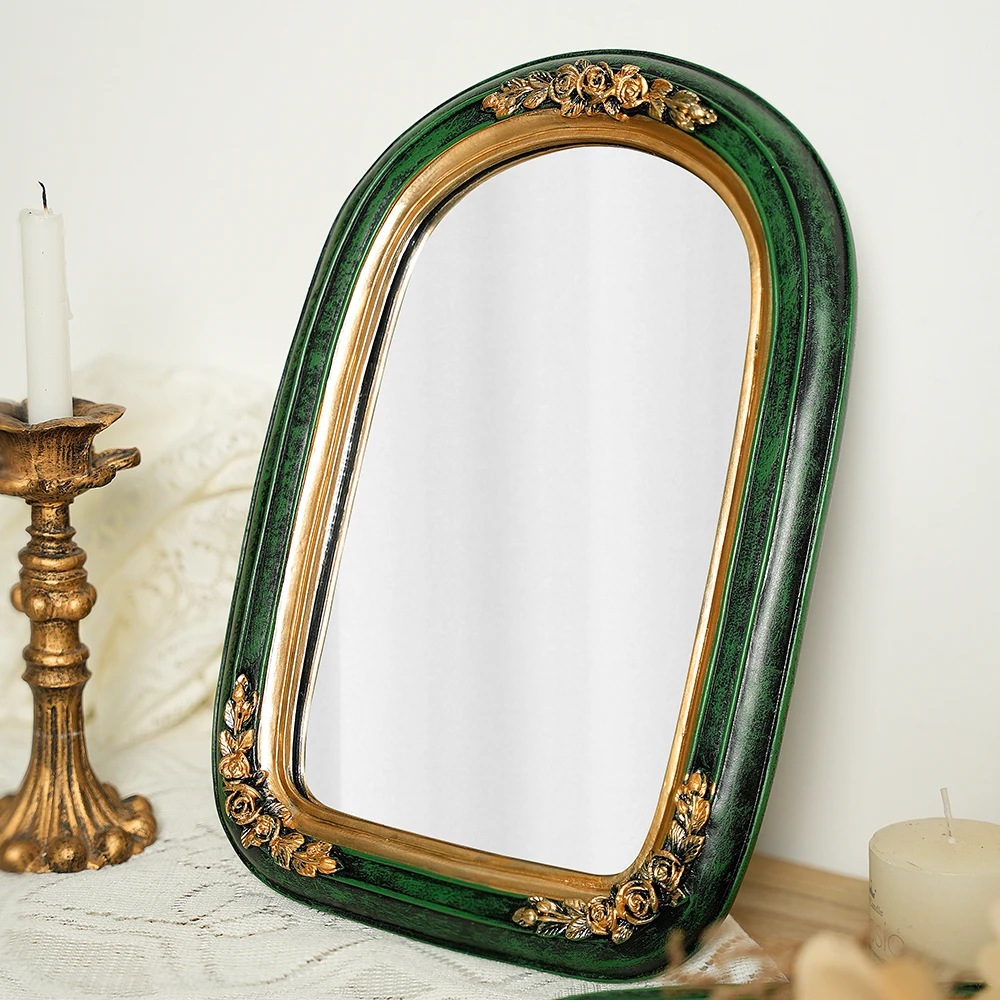 European light luxury resin embossed green carved mirror makeup mirror vintage resin photo props girl makeup mirror