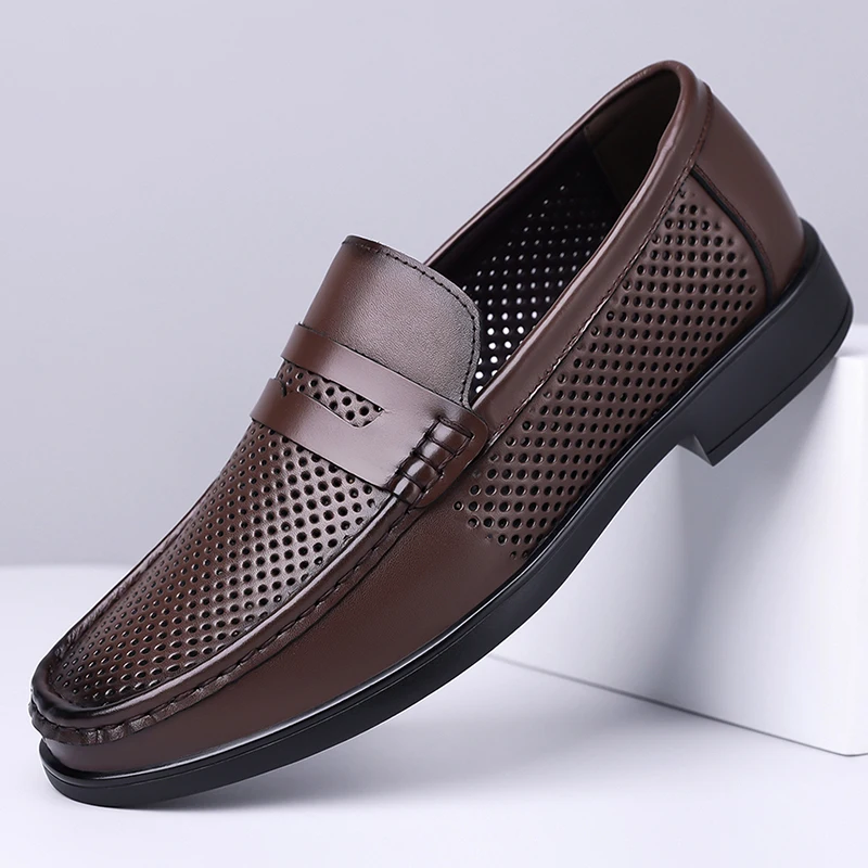 

Fashion Brand Comfortable Round Toe Business Casual Leather Shoes Summer New Men Top Layer Cowhide Hollow Breathable Bean Shoes