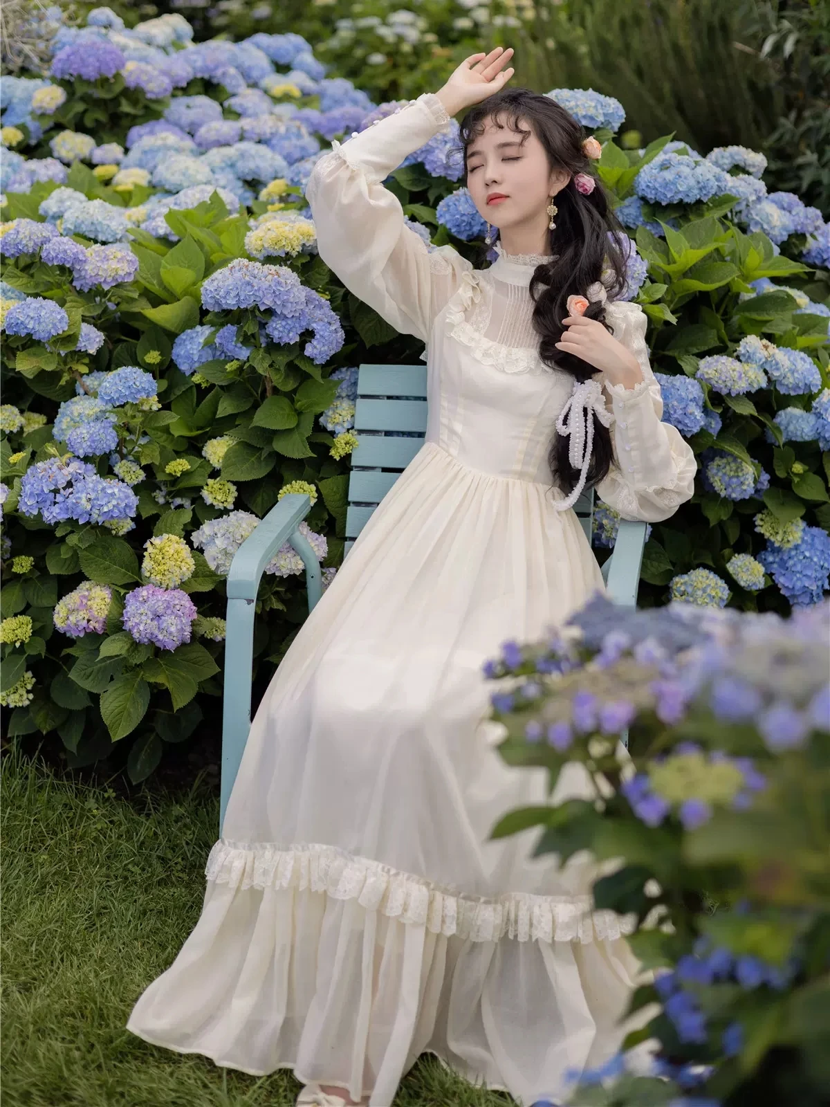 84-96cm Bust Spring Summer Original Design Women Sweet Vintage Inspired Ruffled White Dresses