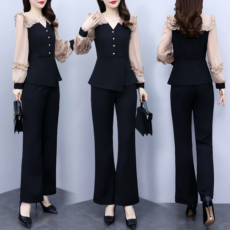 Women'S Sailor Collar Long Sleeve Pants Sets,Fashion Patchwork Fungus Edge Oversize Two Piece Outfits,Office Lady Clothes,2024