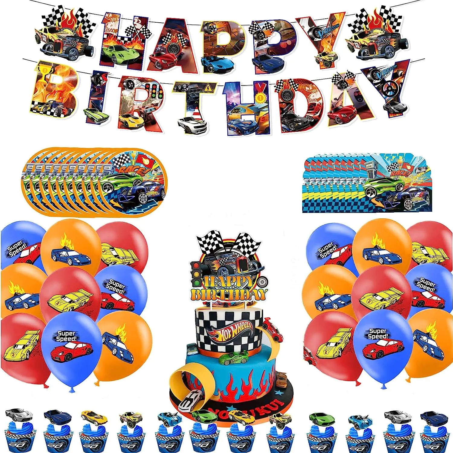 Hot Wheels Birthday Party Decorations Race Car Party Supplies Banner Balloons Plates Cake Cupcake Toppers Kids Birthday Party