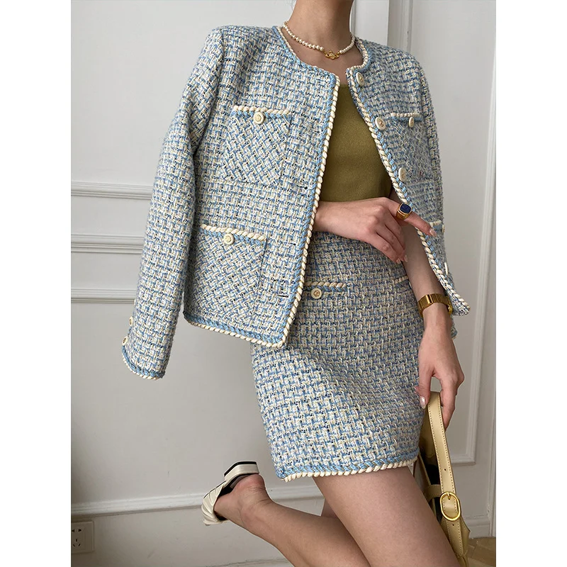 French Elegant Tweed Skirt Suit Woman Long-sleeved Coat + Short Skirts Jacket Office Ladies Sweet Korean Two Piece Women Outfits