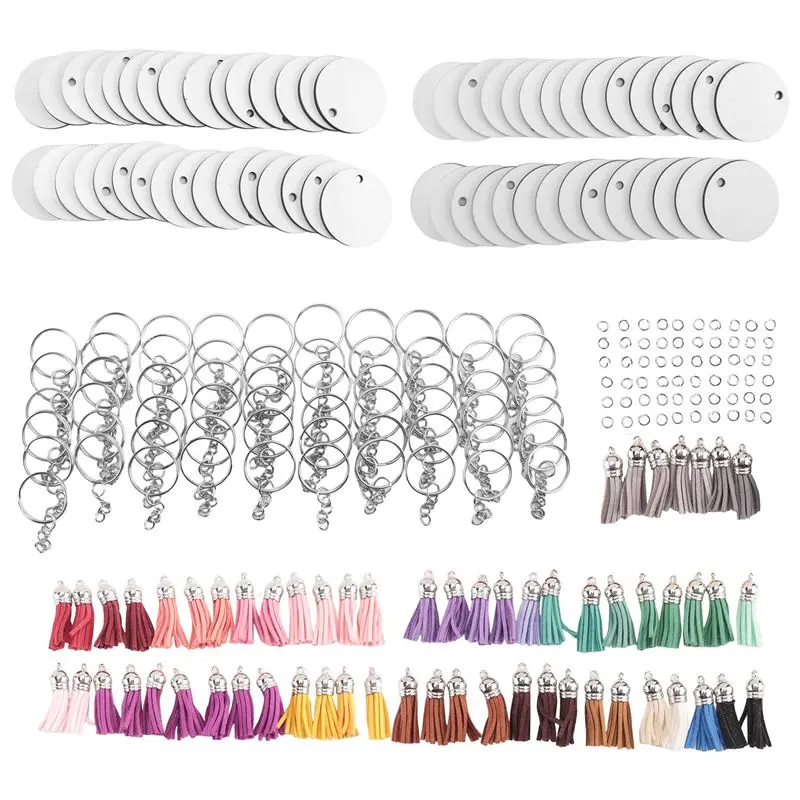 240 Pieces Sublimation Blanks Keychain Set Round Key Rings Sublimation Ornament Blanks Heat Transfer Keychain Tassels Eco-Friend