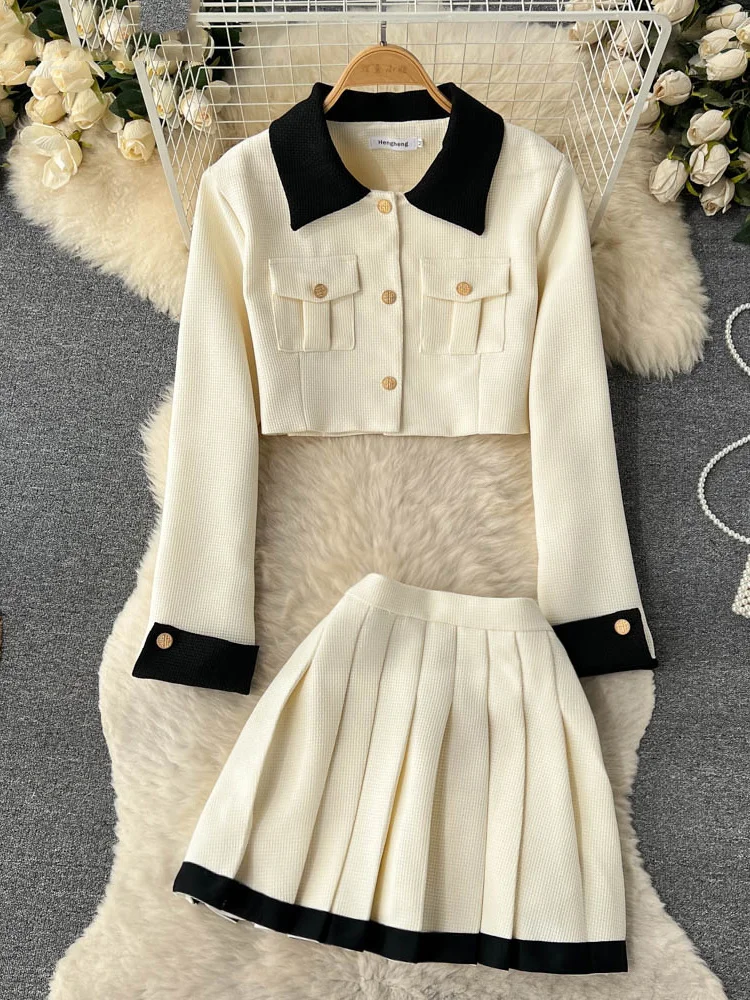 Tweed Ensemble Femme Vintage Collision Color Crop Blazer Skirts Suit Female Long Sleeved Jacket Pleated Skirt conjuntos de mujer