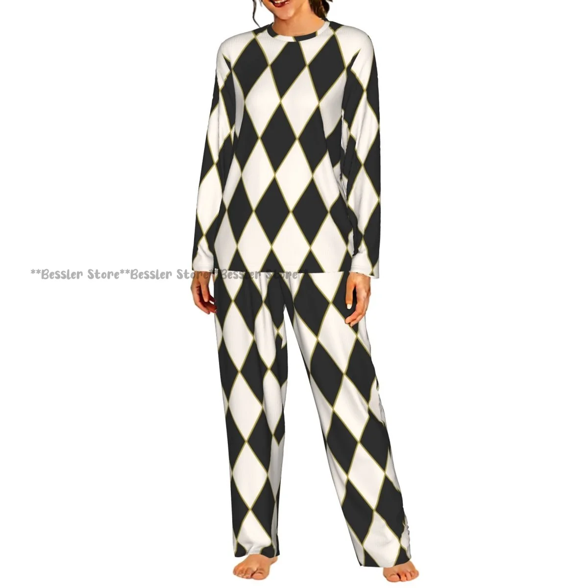Women Casual Round Neck 2PCS Sleepwear Set Long Sleeve Shirt & Long Pants Harlequin Plaid Daily Home Loungewear