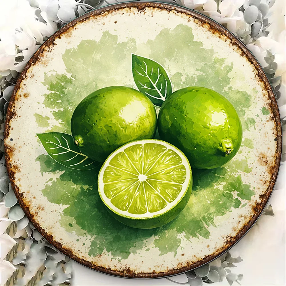 2D Flat, 1pc 1pcs Suitable for Kitchen, Cafe & Restaurant Vintage Lime & Lemon Wall Decor - 8x8in/20x20cm Round Sign with Lime F