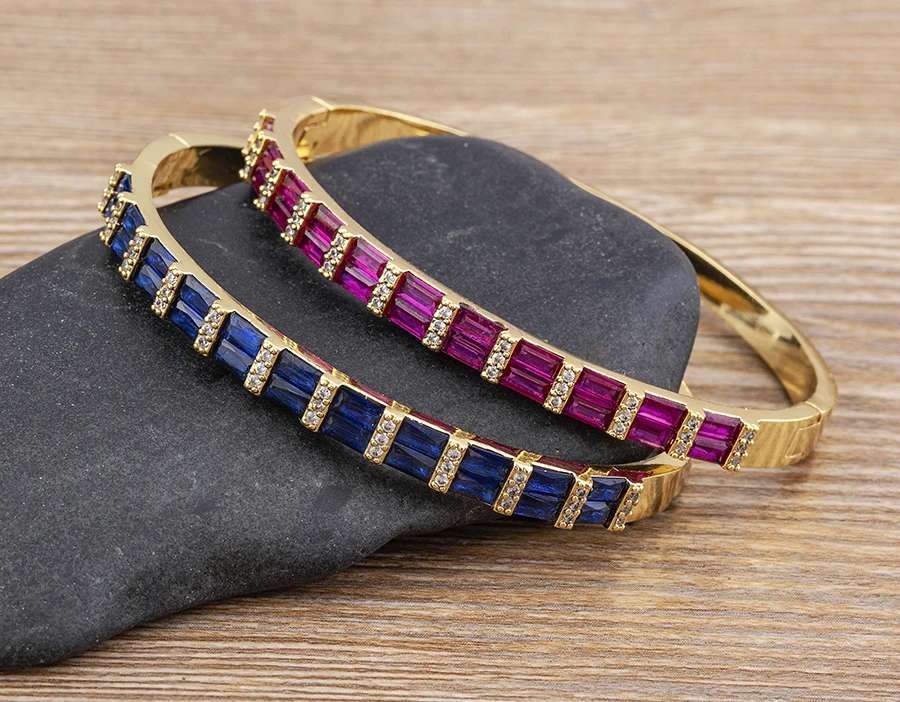 Nidin Neue Luxus Geometrische Zirkon Armband Armreifen Frauen Rosa Grün Blau Kristall Manschette Elegante Hochzeit Erklärung Schmuck – Detail 3