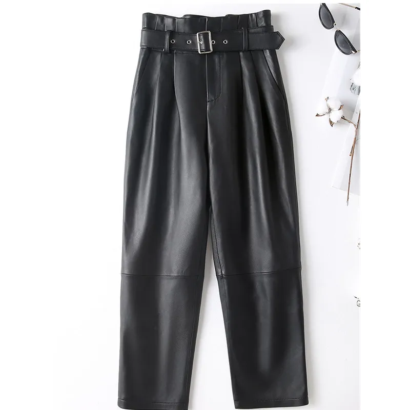 

Women's High Waist Matte Sheepskin Pants, Ankle Length Trousers, Thin Belt, Smoke Pipe, Spring, Autumn