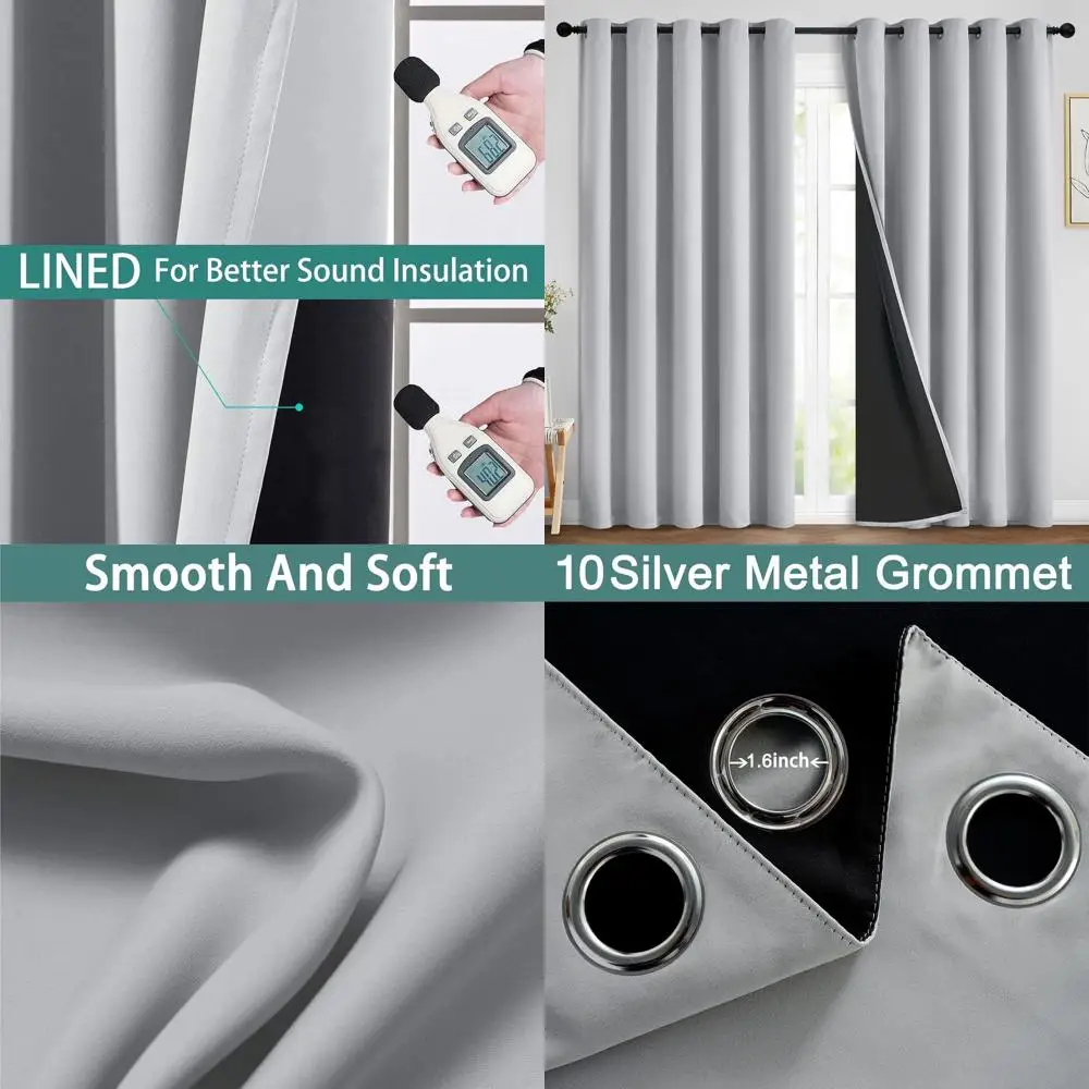 

70W x 84L Light Grey Double Layer Blackout Curtains with Grommet and Black Liner for Bedrooms and Living Rooms