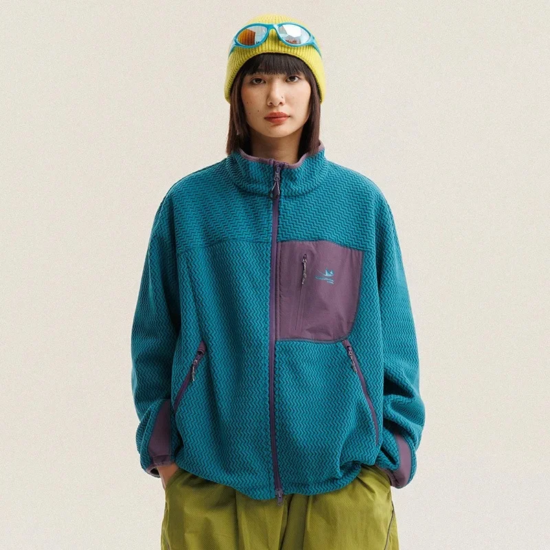 Autumn Winter Polar Fleece Wavy Stripes Jacket Men Women Outdoor Mountain Travel Hiking Breathable Warm Sport Jacket Unisex Coat