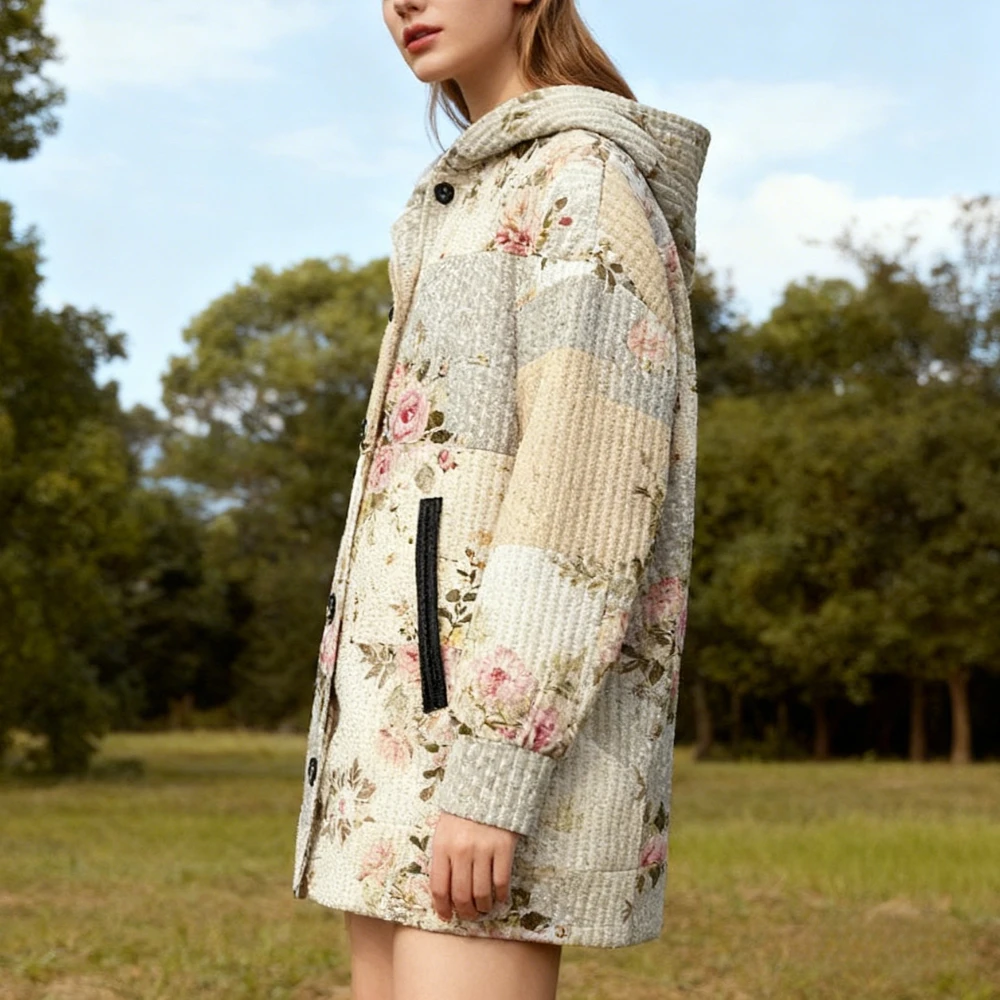 

Women Watercolor Floral Hooded Cardigan Blooms Button Up Jacket Lightweight Boho with Pocket Vintage Spring Autumn Outerwear