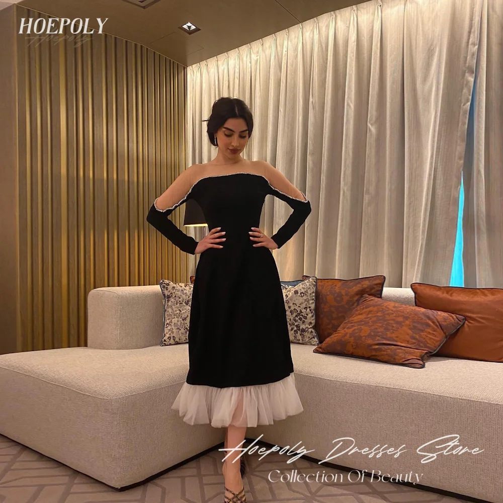 

Hoepoly Satin A-line O-neck Lace Arab Ruffle Prom Gown Tea-length Saudi Elegant Formal Evening Party Dress for Women 2023