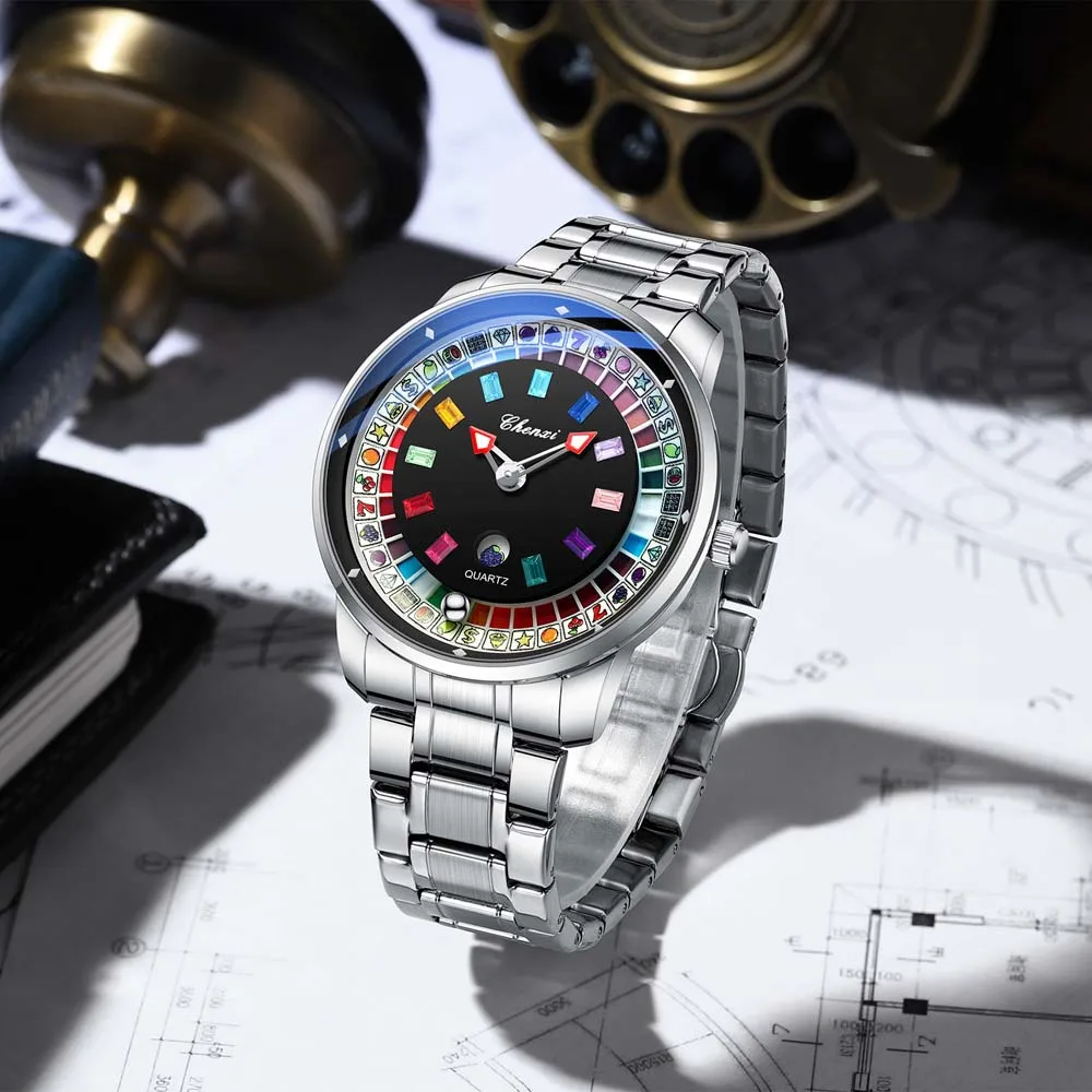 CHENXI New Men's Quartz Watch Unique Casino Roulette Watch Water-Resistant Men's Quartz Wristwatch Trendy Revolving Dial Watch