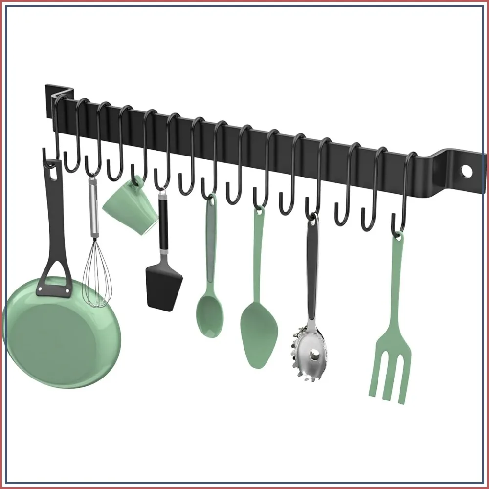 

16-Inch Wall Mounted Kitchen Rail with 15 Hooks, Utensil Hanger Rack, Black