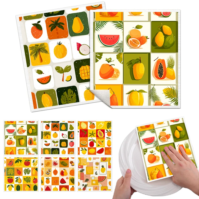 6 PCS Fruit Patterned Household Kitchen Dish Cloths Cleaning Dishcloth Lint Free Reusable Super Absorbent Dish Rags Wipe Towels