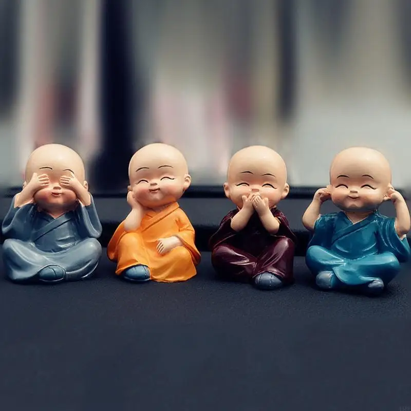 45BE 4 แพ็ค Little Monk Figurines Kung Fu Monk Sculpture สำหรับการตกแต่งแดชบอร์ดรถยนต์
