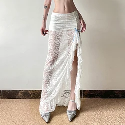 Sweet White Lace Bow Ruffles Split Skirt y2k Cute Slim Mid-Waisted Maxi Skirts Women 2024 Summer Fashion Streetwear Ladies