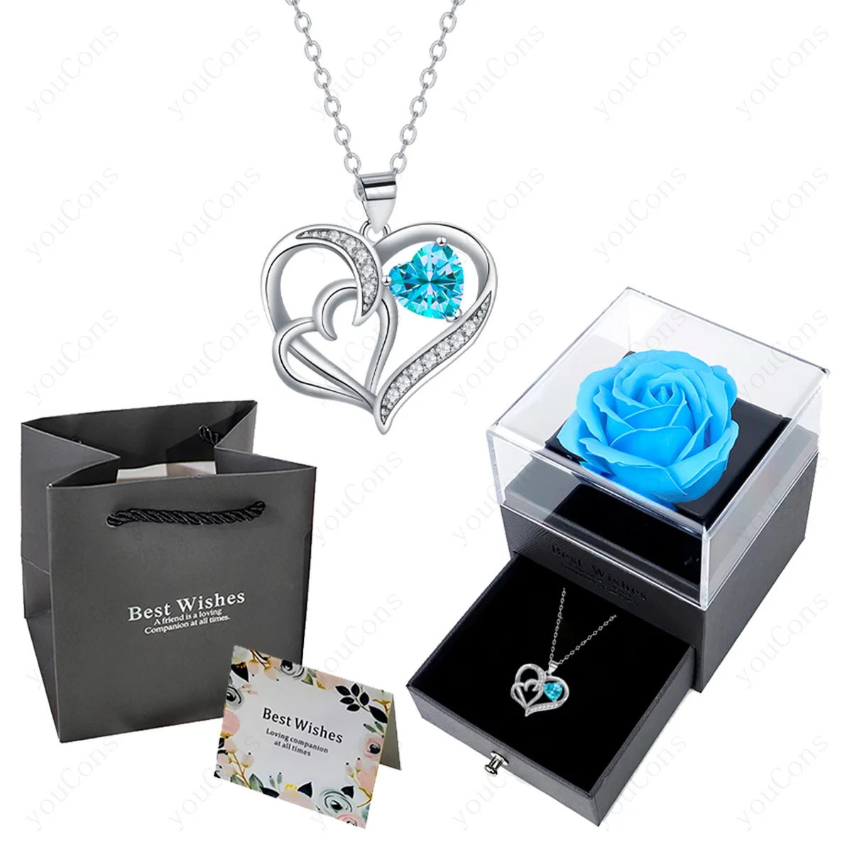 Luxury Heart Pendant Necklaces With Rose Flower Gift Box For Women Girlfriend Trendy Christmas Wedding Stainless Steel Jewelry