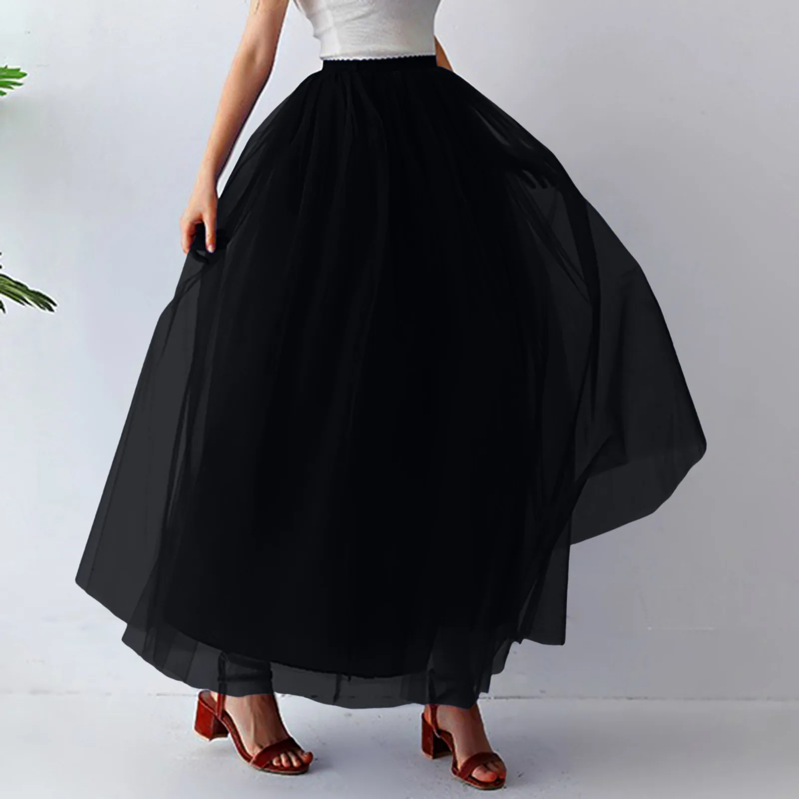 Women Fashion Mid Length Tutu Dress Adult Elastic Waist High Low Tulle Maxi Dress for Party Carnival Match Rivet Jacket