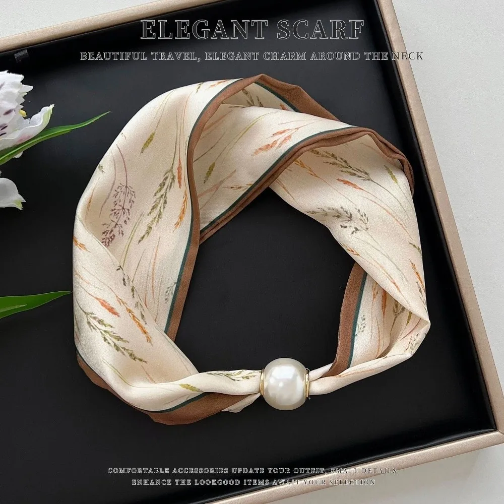 Elegant Magnetic Clasp Pearl Silk Scarf Thin Cashew Flower Neck Wrap Soft Lightweight Neck Scarf for Women