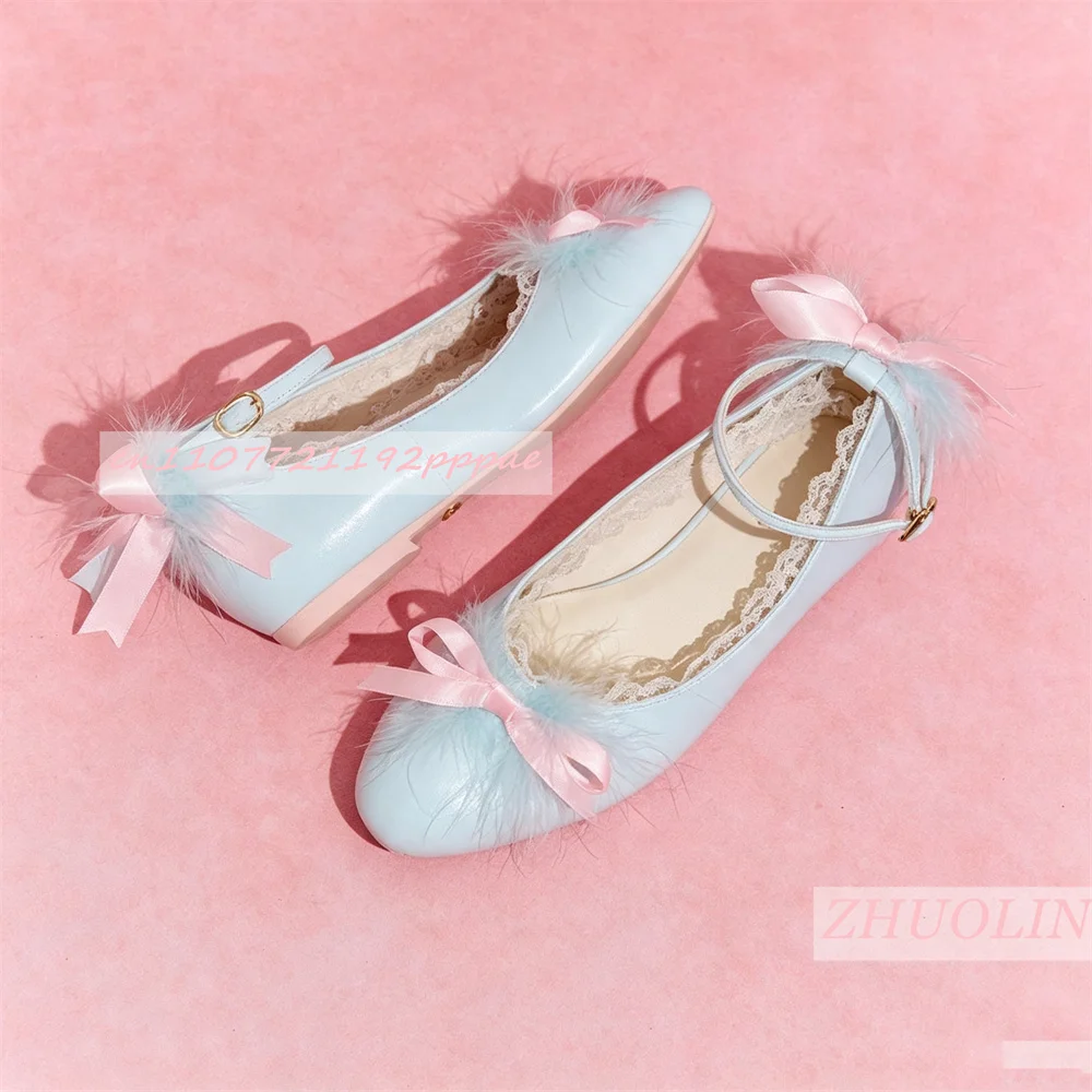 Women Mary Jane Pumps Pointed Toe Low Block Heel Shoes Light Blue Feather Bow Detail Strap Wedding Party Elegant FashionFootwear