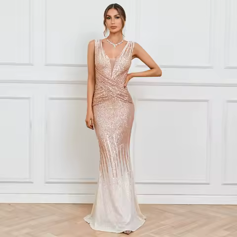 YIDINGZS V Neck Gold Sequin Evening Dress Women Elegant Party Maxi Dress Long Prom Dress 18589