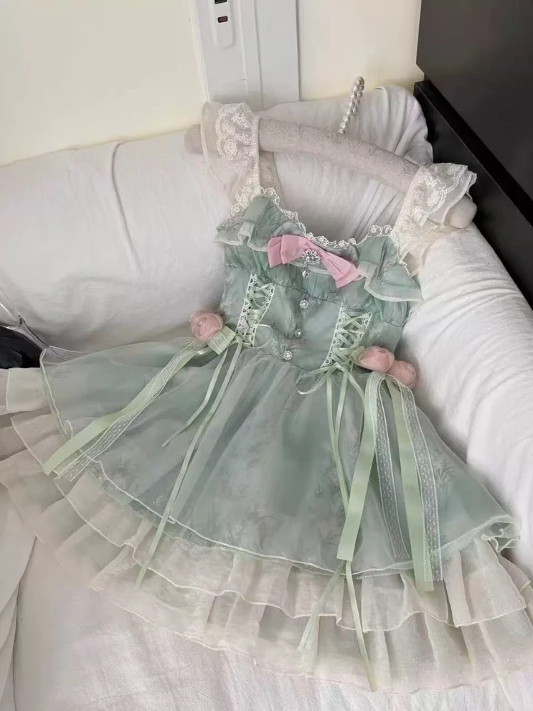 Abito da festa di compleanno verde chic coreano donna estate nuova vita dolce abiti corti sottili abiti Lolita fata dei fiori giapponese 2025
