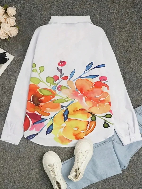 حجم كبير أزياء المرأة ربيع الخريف الأزهار طباعة جيب بأكمام طويلة قميص غير رسمي طية صدر السترة واحدة الصدر بلوزة فضفاضة قميص #3