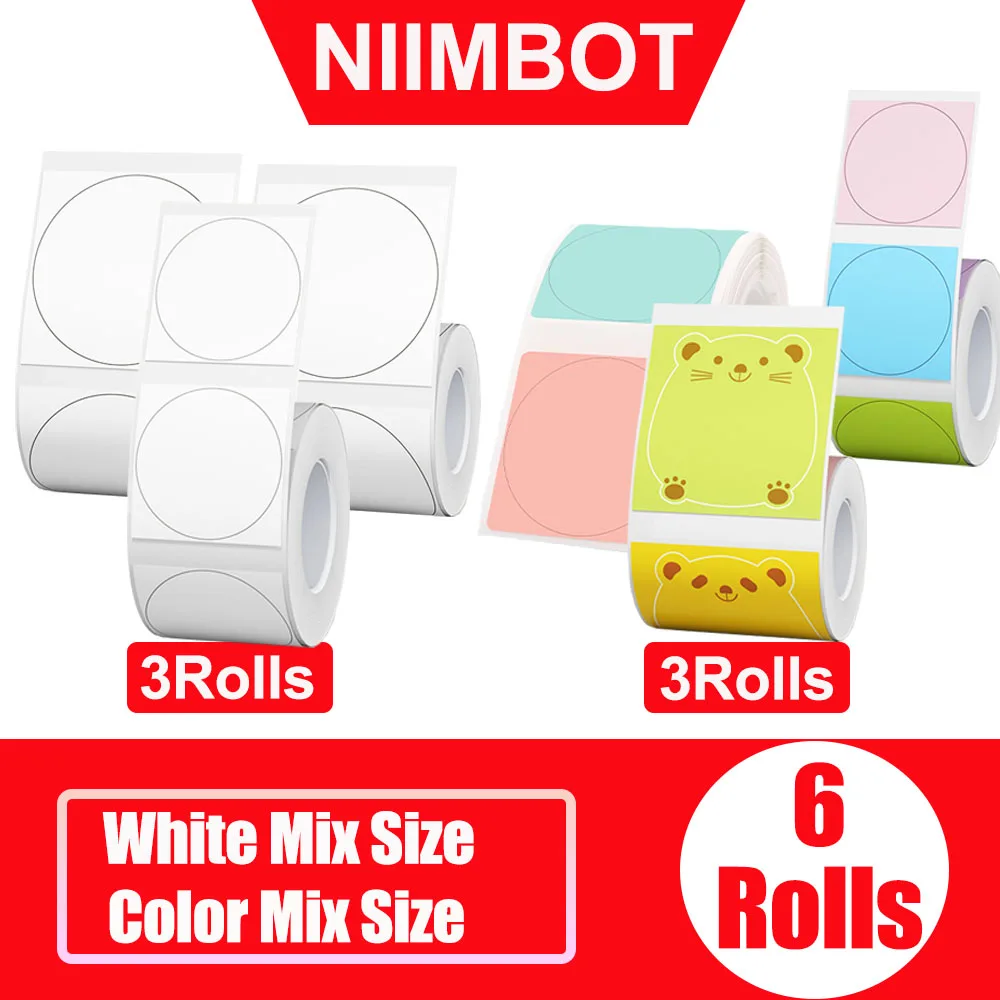 NiiMBOT 6 Rolls B21 Label Maker Name Sticker Waterproof Self-adhesive Cartoon Circular For B1/B21/B203/B3S Label Maker