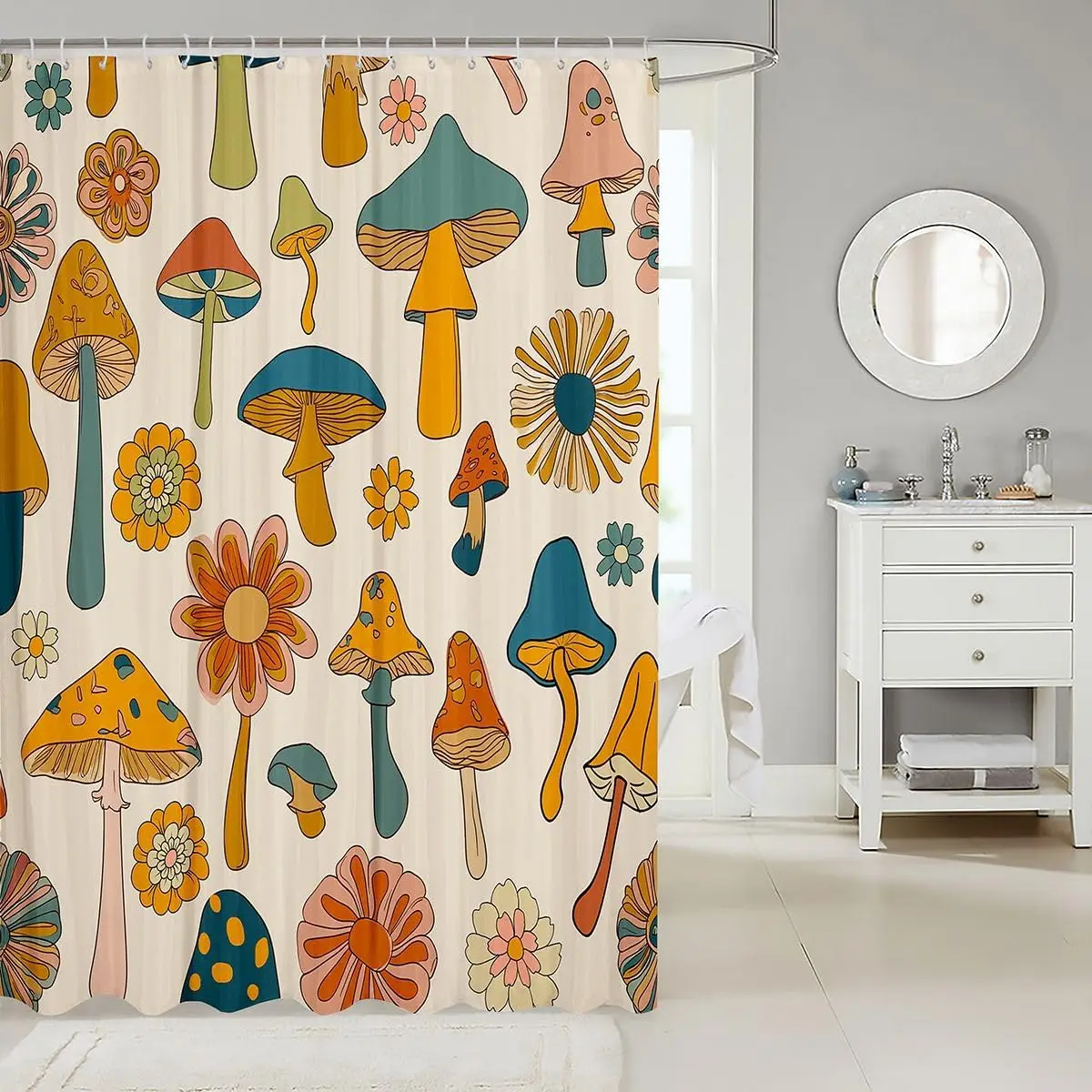 60s 70s Hippie Groovy Shower Curtain, Vintage Starflower Flower Power Rural Pastoral Waterproof Bathroom Curtain  With Hooks