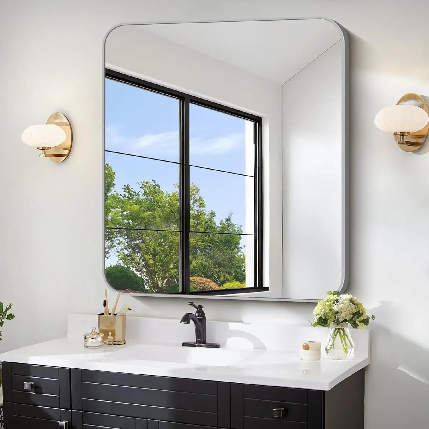 

30x30 Inch Silver Bathroom Mirror, Large Square Wall Mirror with Metal Frame, Rounded Corners for Bathroom, Bedroom, Entryway