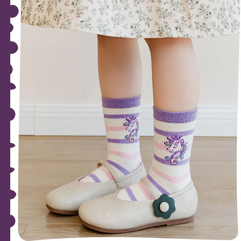 5 Pairs Children\'s Socks Autumn Cotton Socks Girls Mid Calf Socks Purple Unicorn Cartoon Socks Girls Cute Pattern Socks