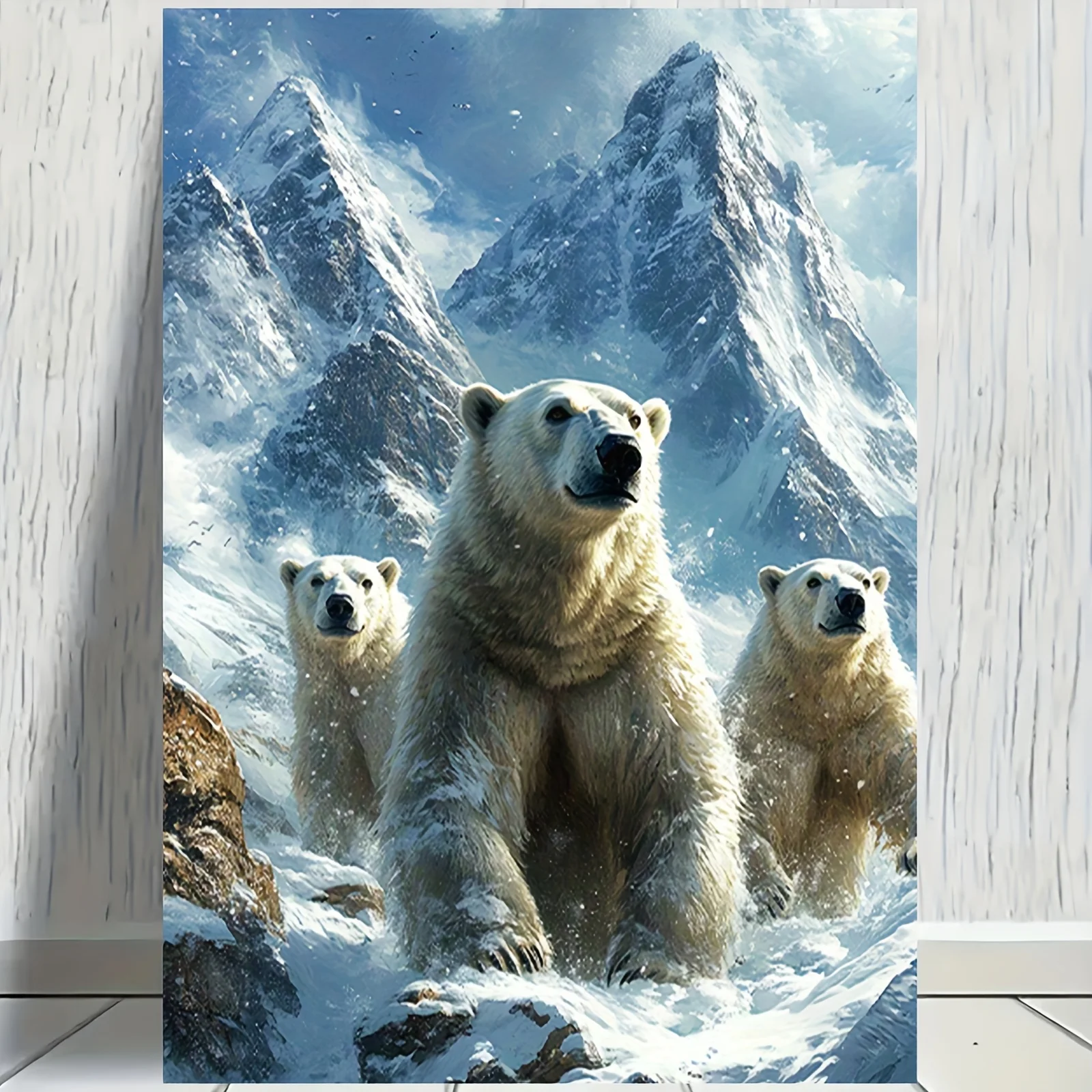 Polar Bear Family Canvas Print – Snowy Mountain Landscape, Wildlife Nature Art, Frameless 12×18 Inches, for Home Office Decor