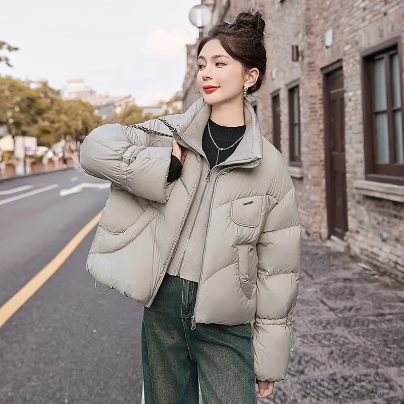 New Winter Stand Collar False Two-piece Short Down Jacket Women White Duck Down Thickened Warm Knit Splicing Casual Jacket