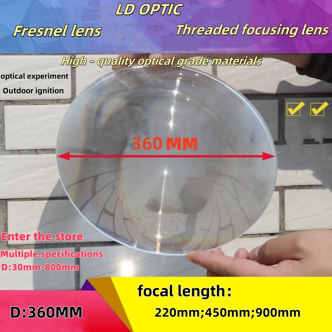 360MM diameter optical grade plastic PMMA Fresnel lens. Solar focusing threaded lens. For ignition, lighting and magnification