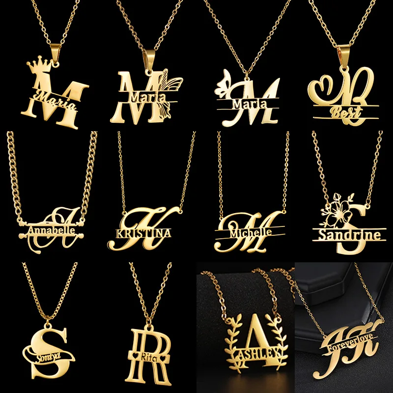 Multiple Styles Custom Name Across Capital Letter Necklace Crown Butterfly For Women Personalized Stainless Steel Jewelry Gifts
