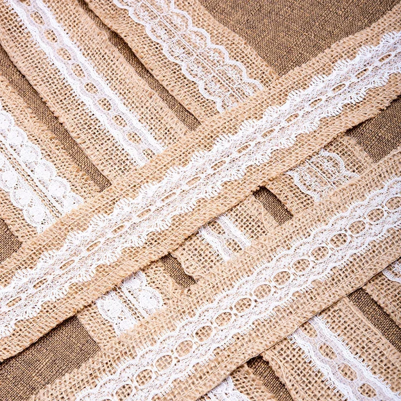 1Meter Burlap Ribbon with White Lace Trims Tape Natural Jute Lace Ribbon Lace Burlap Ribbon Rustic Wedding Bow DIY Craft Decor