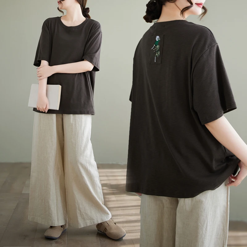 

Summer Bamboo Cotton ort Sve T-irt Women's Original Artistic Patchwork round Ne Loose Top Embroidered Cotton Tee