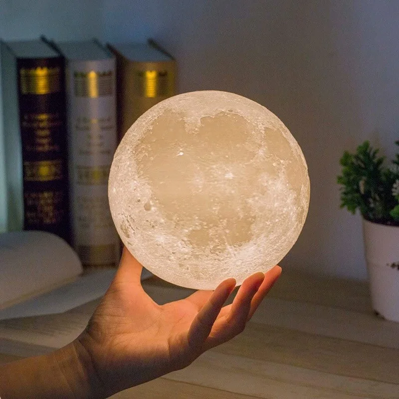 Led Moon Lamp Night Light With Stand 8cm Table Print Bracket Battery 3d Lights Warm white multicolor On Home Lamps Romantic