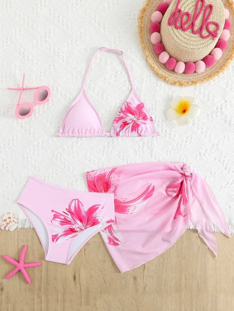 UNITIM Bikini-Anzüge für Mädchen im Alter von 7 bis 16 Jahren, zweiteilige Badeanzüge mit Blumenmuster für den Sommer, Bikini-Badebekleidungsset für Teenager-Mädchen, 3-teilige Badeanzüge – Detail 6