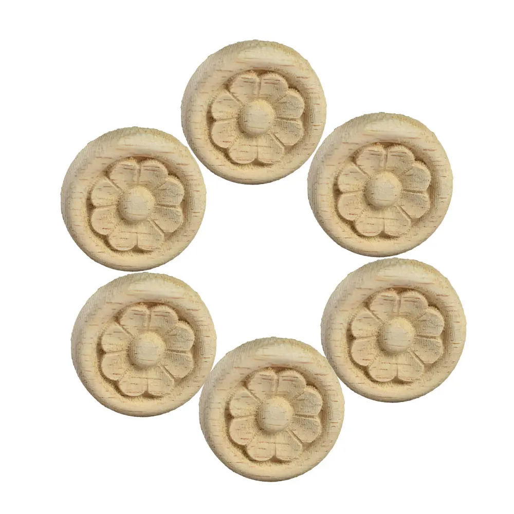 

6/10 Pcs Onlay Wood Mouldings Wood Applique Wood Decal Carved Unpainted Modern Round Flower Rubber Wood Corner Furniture Decor
