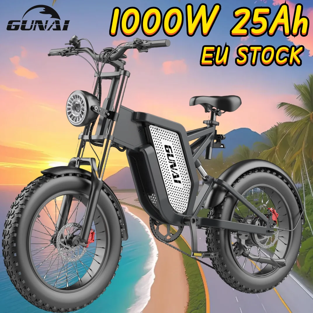 GUNAI 1000W Electric Ebikes Brushless Motor 20 Inch Adult Fat Tire 200KG Load 7 speed 48V 25Ah Battery Off-Road Mountain Bicycle